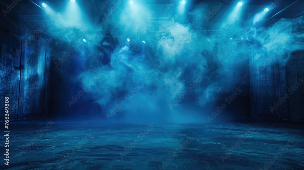 Aufkleber mystical fog in an empty stage setting - a dense, atmospheric fog envelops an empty dark blue stage,