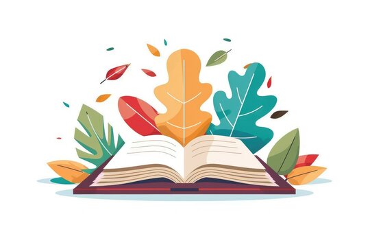Open book with autumn leaves and colorful plants - A captivating digital artwork of an open book surrounded by colorful autumn leaves and abstract plant shapes symbolizing the growth and life of knowl