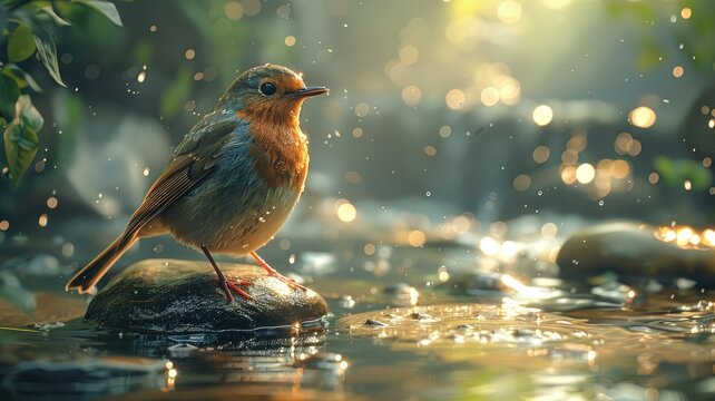 Robin bird perched on rock by water - An enchanting image of a robin perched gracefully on a rock with glistening water surrounding it, illuminated by a soft light