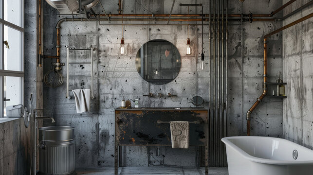 An industrial-chic bathroom featuring exposed pipes, concrete walls, and a salvaged metal vanity for an edgy urban look 