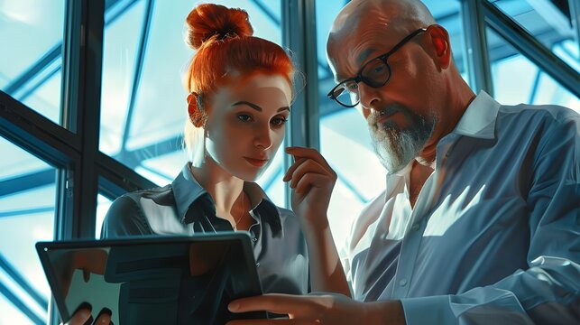 Colleagues, a woman and a man, analyze key business indicators on a tablet, which helps to make informed decisions.