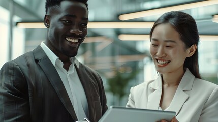 The photo shows smiling business colleagues: a young Asian woman and an African man, carefully studying information on a tablet, which reflects professionalism and harmony in the team.