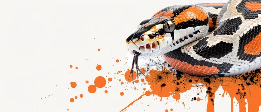  Snake body and head have orange-black paint splatters in close up photo