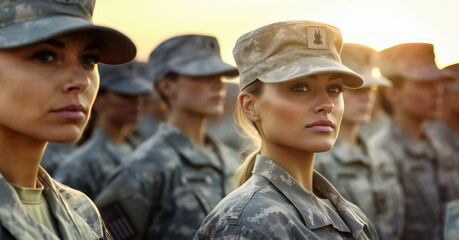 Fototapeta premium Group of young women in digital camouflage uniforms standing at army ceremony or presentation. Generative AI