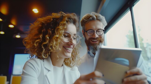 Colleagues, a woman and a man, look at the tablet screen together, discussing business strategies, which is an example of successful teamwork.