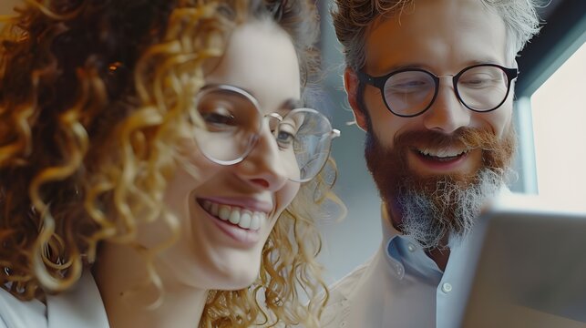  A young girl and a man, smiling at each other, are actively working with a tablet computer, demonstrating harmonious cooperation and joy from common activities.