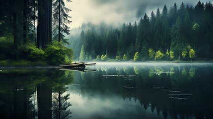 A tranquil forest lake reflecting the vibrant green hues of the surrounding trees, with mist gently rising from the water's surface.