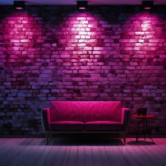 Room with brick wall and magenta lights background