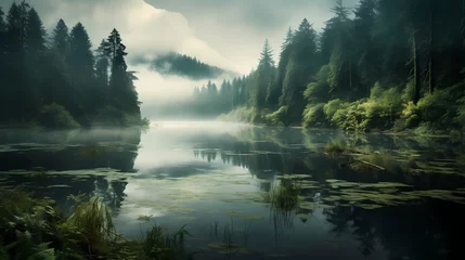 Tableaux sur verre Réflexion A tranquil forest lake reflecting the vibrant green hues of the surrounding trees, with mist gently rising from the water's surface.