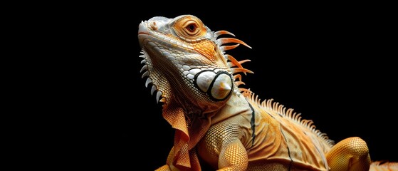  A clear photo of an iguana on a black background with a focused image of its head