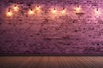 Room with brick wall and mauve lights background - obrazy, fototapety, plakaty