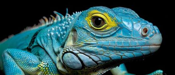  A lizard's close-up head, with yellow and blue eye stripes against black backdrop
