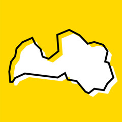 Latvia country simplified map. White silhouette with thick black contour on yellow background. Simple vector icon