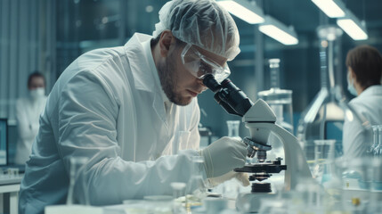 A scientist examines a sample through a microscope in a laboratory setting.