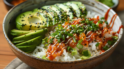 Leckere Food Bowl mit vielen gesunden Zutaten (Reis, Tomaten, Avocado, Salat, Gurke, Sesam und Möhren)