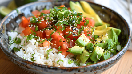 Leckere Food Bowl mit vielen gesunden Zutaten (Reis, Tomaten, Avocado, Salat, Gurke, Sesam und Möhren)