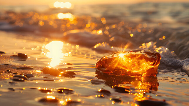 Bernsteine im Sonnenlicht am Meer, Licht scheint durch die Bernsteine hindurch, Bernsteine an der K&uuml;ste 