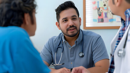 Obraz premium Young hispanic doctor or nurse talking with patient