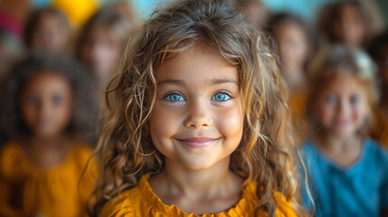 Child with captivating blue eyes and curled hair smiles warmly in a yellow outfit against peers