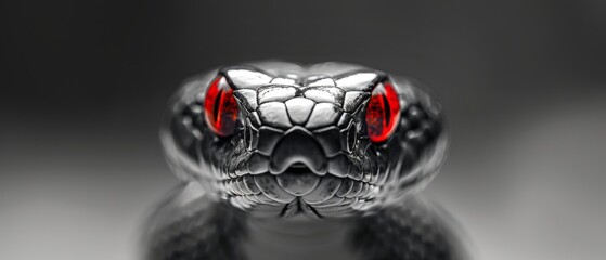  Snake close-up, red eyes on black background