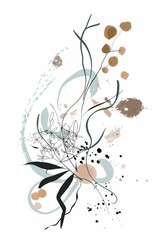 Abstract minimalistic scandinavian botanical art with warm color tones. A delicate composition of floral and foliage elements intertwined with abstract warm colored shapes and subtle brushstrokes