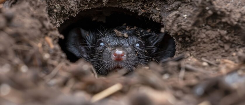  A close-up image of a tiny creature emerging from a dirt and grass-covered opening