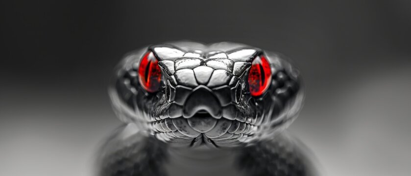  Snake close-up, red eyes on black background