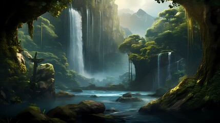 A towering waterfall cascading down into a lush green forest, creating a mesmerizing spectacle.