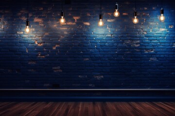 Room with brick wall and navy blue lights background - obrazy, fototapety, plakaty