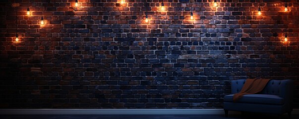 Room with brick wall and navy blue lights background - obrazy, fototapety, plakaty