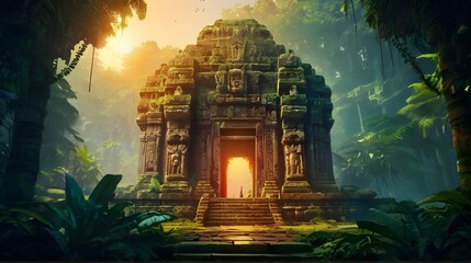 ai generated realistic beautiful ancient temple hidden in a forest with intricate carvings and surrounded by dense foliage and magnificent ancient buildings - obrazy, fototapety, plakaty