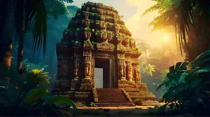 Foto op Canvas ai generated realistic beautiful ancient temple hidden in a forest with intricate carvings and surrounded by dense foliage and magnificent ancient buildings © LordOttori