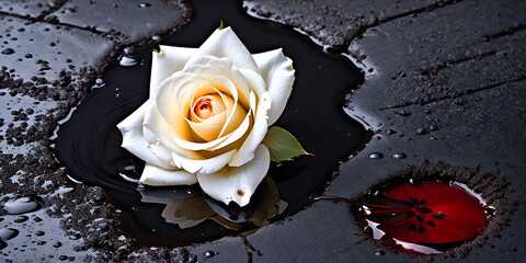 a white rose laying in a puddle or pool of blood. black background. dripping blood on the rose white petals. grief, murder, treason - obrazy, fototapety, plakaty