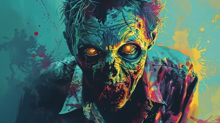 Illustration of a menacing zombie character perfect for projects requiring a touch of horror and suspense from zombie genre movies. - obrazy, fototapety, plakaty