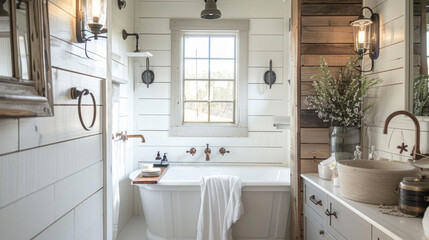 A farmhouse-style bathroom with shiplap walls, a trough sink, and vintage light fixtures giving off a cozy, rustic charm