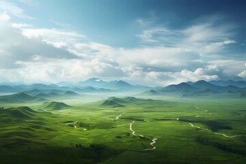 The enchanting sight of vast green fields stretching endlessly, converging into a colossal mountain range on the horizon.