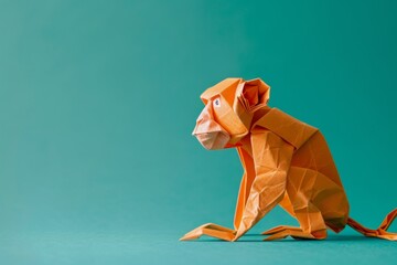 Photo of an origami Monkey on pastel green background