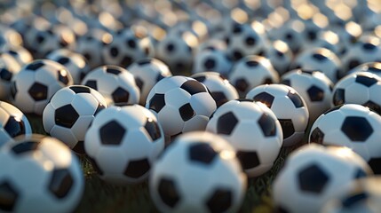 Obraz premium A field of soccer balls illuminating global passion. Soccer ball galore