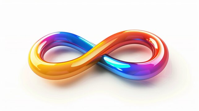 Glossy infinite loop symbol with gradient rainbow colors on a white background, representing concepts of continuity, diversity, and infinity