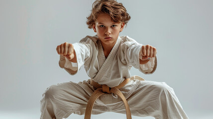 A serious young karate student with a brown belt assumes a defensive position in his gi