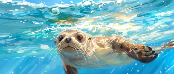 Fototapeta premium Sea lion painting in water, head above surface, looking upward