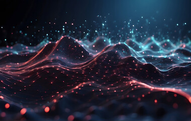 Fantastic Technology Background with connected dots on 3D wave landscape, Wallpaper Background