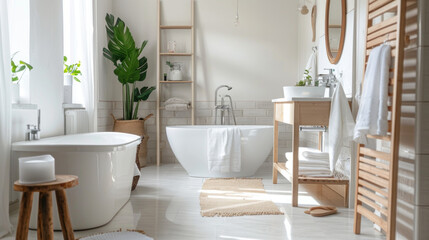 A Scandinavian-inspired bathroom with clean white walls, light wood accents, and minimalist fixtures for a serene and clutter-free space