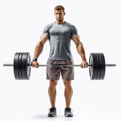 Fototapeta premium Muscular man in sportswear standing lifting a barbell on a white background, showcasing strength and determination.