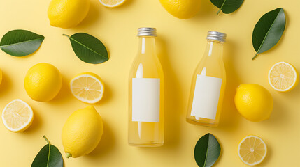 lemonade bottle label mockup, yellow background with lemons, packaging mockup