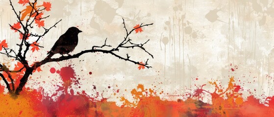  A stunning image of an orange-red leaf-filled branch supporting a bird in the background - obrazy, fototapety, plakaty