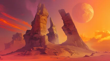 Selbstklebende Fototapeten A surreal desert landscape with towering, twisted rock formations against a backdrop of vivid orange and pink hues. © Nature