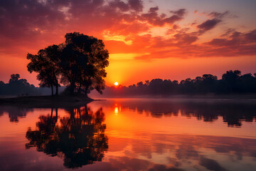 Fiery Horizons: A Mesmerising Blend of Sunrise and Sunset Colors Reflecting on a Calm Water Body