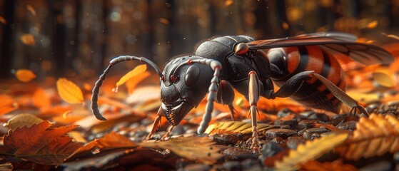  A large insect sits atop an orange-yellow leaf pile amidst a forest full of foliage - obrazy, fototapety, plakaty