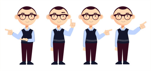 Set of lecturer with glasses with a smile points to something. Commitment, training, to attract attention. Vector illustration isolated on white background.